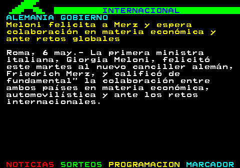 112.1. INTERNACIONAL. ALEMANIA GOBIERNO. El conservador Friedrich Merz fracasa en su primer intento de ser elegido canciller. Berlín, 6 may.- El conservador Friedrich Merz ha fracasado en su primer intento de ser elegido nuevo canciller de Alemania en la Cámara Baja del Parlamento, un hecho inédito en la historia de la República Federal, tras no reunir la mayoría necesaria de 316 votos y faltarle seis para alcanzar la conocida como mayoría del canciller . cae rml.