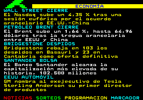 126.1. ECONOMÍA. EEUU AUTOMÓVIL. GM nombra al exejecutivo de Tesla Sterling Anderson su primer director de productos. BOLSAS EUROPA. Las bolsas europeas suben alrededor del 1 % tras acuerdo arancelario entre EE.UU. y China. MERCADOS ORO. El oro cae casi un 3 % tras el acuerdo comercial entre EE.UU. y China. NISSAN DESPIDOS. Comité de Nissan en Cantabria asegura que no hay nada oficial sobre posibles despidos. BOLSA FRÁNCFORT CIERRE. El DAX 40 sube un 0,29 %, tras un récord intradía, por tregua arancelaria de EEUU y China.