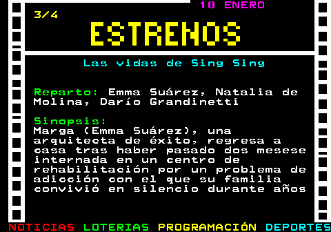 177.3. 10 ENERO. 3 4. Las vidas de Sing Sing. Reparto:. Emma Suárez, Natalia de Molina, Darío Grandinetti. Sinopsis:. Marga (Emma Suárez), una arquitecta de éxito, regresa a casa tras haber pasado dos mesese internada en un centro de rehabilitación por un problema de adicción con el que su familia convivió en silencio durante años.