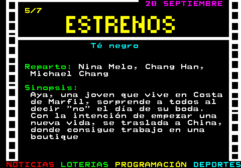 177.5. 20 SEPTIEMBRE. 5 7. Té negro. Reparto:. Nina Melo, Chang Han, Michael Chang. Sinopsis:. Aya, una joven que vive en Costa de Marfil, sorprende a todos al decir no el día de su boda. Con la intención de empezar una nueva vida, se traslada a China, donde consigue trabajo en una boutique.