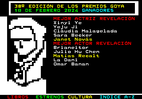 178.3. 38º EDICIÓN DE LOS PREMIOS GOYA. 10 DE FEBRERO 2024. GANADORES. MEJOR ACTRIZ REVELACIÓN. Xinyi Ye Yeju Ji Clàudia Malagelada Sara Becker. Janet Novás. MEJOR ACTOR REVELACIÓN. Brianeitor Julio Hu Chen. Matías Recalt. La Dani Omar Banan.