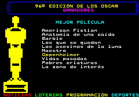 179.1. 96º EDICIÓN DE LOS OSCAR. GANADORES. MEJOR PELÍCULA. American Fiction Anatomía de una caída Barbie Los que se quedan Los asesinos de la luna Maestro. Oppenheimer. Vidas pasadas Pobres criaturas La zona de interés.