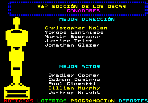 179.2. 96º EDICIÓN DE LOS OSCAR. GANADORES. MEJOR DIRECCIÓN. Christopher Nolan. Yorgos Lanthimos Martin Scorsese Justine Triet Jonathan Glazer. MEJOR ACTOR. Bradley Cooper Colman Domingo Paul Giamatti. Cillian Murphy. Jeffrey Wright.
