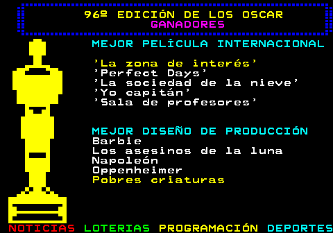 179.6. 96º EDICIÓN DE LOS OSCAR. GANADORES. MEJOR PELÍCULA INTERNACIONAL. La zona de interés. Perfect Days La sociedad de la nieve Yo capitán Sala de profesores. MEJOR DISEÑO DE PRODUCCIÓN. Barbie Los asesinos de la luna Napoleón Oppenheimer. Pobres criaturas.