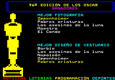 179.7. 96º EDICIÓN DE LOS OSCAR. GANADORES. MEJOR FOTOGRAFÍA. Oppenheimer. Pobres criaturas Los asesinos de la luna Maestro El Conde. MEJOR DISEÑO DE VESTUARIO. Barbie Los asesinos de la luna Napoleón Oppenheimer. Pobres criaturas.