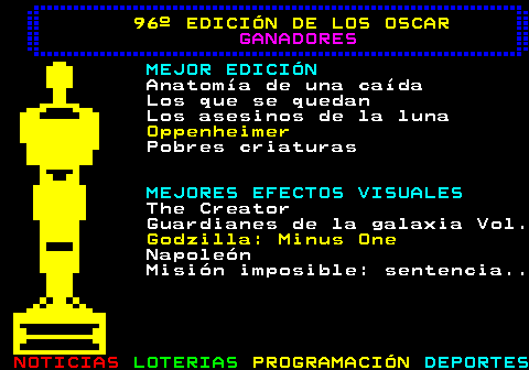 179.8. 96º EDICIÓN DE LOS OSCAR. GANADORES. MEJOR EDICIÓN. Anatomía de una caída Los que se quedan Los asesinos de la luna. Oppenheimer. Pobres criaturas. MEJORES EFECTOS VISUALES. The Creator Guardianes de la galaxia Vol. Godzilla: Minus One. Napoleón Misión imposible: sentencia.