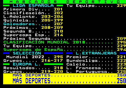 200.4. M A R C A D O R D E P O R T I V O. LIGA ESPAÑOLA. Tu Equipo. 229. Primera Div. 201. Clasificación. 202. L.Adelante. 203-204. Quiniela. 205-299. Goleadores. 207. Próximas. 208-209. Segunda B. 210. Supercopa Esp. 214. Próxima Segunda. 209. CLASIFICACIÓN MUNDIAL 2018. 295. Tu Equipo. 229. Supercopa de España. 294. SELECCIÓN L.EXTRANJERAS. Mundial 2022 . 295. Premier. 221. Grupos. 216-217. Bundesliga. 222. EUROPA L. Calcio. 223. Resultados. 218. L. Francesa. 224. Grupos. 219-220. L. Portuguesa. 225. MÁS DEPORTES. 250. MÁS DEPORTES. 250.