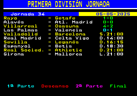 201.1. PRIMERA DIVISIÓN JORNADA. Jornada 34. 05-05-2025. Rayo - Getafe. 1-0. Alavés - Atl. Madrid S.14:00. Villarreal - Osasuna S.16:15. Las Palmas - Valencia S.18:30. Valladolid - Barcelona S.21:00. Real Madrid - Celta Vigo D.14:00. Sevilla - Leganés D.16:15. Espanyol - Betis D.18:30. Real Socied. - Athletic D.21:00. Girona - Mallorca L.21:00. 1ª Parte. Descanso. 2ª Parte. Final.