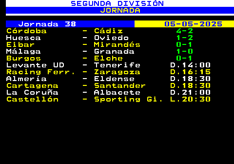 203.1. SEGUNDA DIVISIÓN. JORNADA. Jornada 38. 05-05-2025. Córdoba - Cádiz. 4-2. Huesca - Oviedo. 1-2. Eibar - Mirandés. 0-1. Málaga - Granada. 1-0. Burgos - Elche. 0-1. Levante UD - Tenerife D.14:00. Racing Ferr. - Zaragoza D.16:15. Almería - Eldense D.18:30. Cartagena - Santander D.18:30. La Coruña - Albacete D.21:00. Castellón - Sporting Gi. L.20:30.
