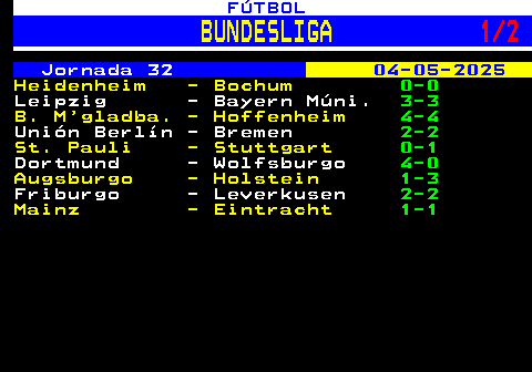 222.1. FÚTBOL. BUNDESLIGA. 1 2. Jornada 32. 04-05-2025. Heidenheim - Bochum. 0-0. Leipzig - Bayern Múni. 3-3. B. M gladba. - Hoffenheim. 4-4. Unión Berlín - Bremen. 2-2. St. Pauli - Stuttgart. 0-1. Dortmund - Wolfsburgo. 4-0. Augsburgo - Holstein. 0-3. Friburgo - Leverkusen D.17:30. Mainz - Eintracht D.19:30.