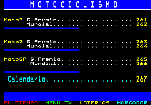 260.1. M O T O C I C L I S M O. Moto3. G.Premio. 261. Mundial. 262 Moto2. G.Premio. 263. Mundial. 264 MotoGP. G.Premio. 265. Mundial. 266. Calendario. 267.