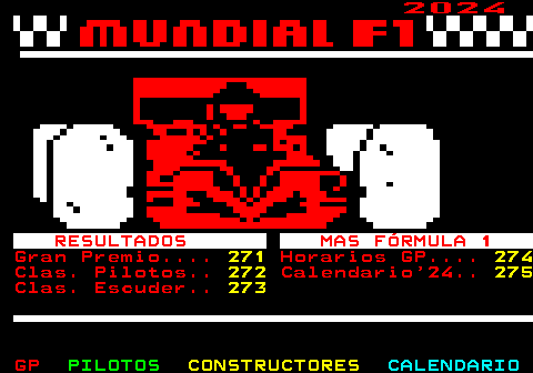 270.1. 2024. RESULTADOS MAS FÓRMULA 1. Gran Premio. 271. Horarios GP. 274. Clas. Pilotos. 272. Calendario 24. 275. Clas. Escuder. 273.