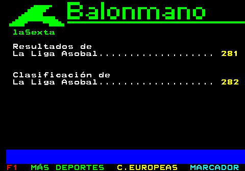 280.1. laSexta. Resultados de La Liga Asobal. 281. Clasificación de La Liga Asobal. 282.