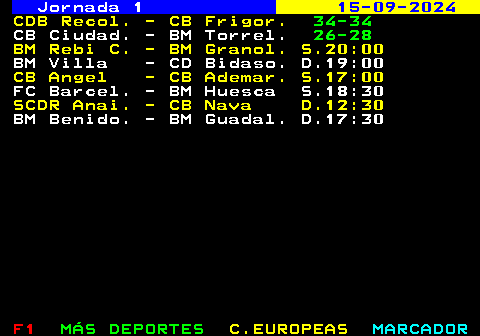 281.1. Jornada 1. 15-09-2024. CDB Recol. - CB Frigor. 34-34. CB Ciudad. - BM Torrel. 26-28. BM Rebi C. - BM Granol. S.20:00. BM Villa - CD Bidaso. D.19:00. CB Angel - CB Ademar. S.17:00. FC Barcel. - BM Huesca S.18:30. SCDR Anai. - CB Nava D.12:30. BM Benido. - BM Guadal. D.17:30.