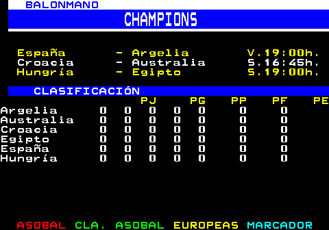 283.4. BALONMANO. CHAMPIONS. España - Argelia V.19:00h. Croacia - Australia S.16:45h. Hungría - Egipto S.19:00h. CLASIFICACIÓN. PJ PG PP PF PE.Argelia 0 0 0 0 0 0 0Australia 0 0 0 0 0 0 0Croacia 0 0 0 0 0 0 0Egipto 0 0 0 0 0 0 0España 0 0 0 0 0 0 0Hungría 0 0 0 0 0 0 0.