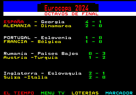 291.1. Eurocopa 2024. OCTAVOS DE FINAL. ESPAÑA. -. Georgia. 4 - 1. ALEMANIA - Dinamarca. 2 - 0. PORTUGAL - Eslovenia. 1 - 0. FRANCIA - Bélgica. 1 - 0. Rumanía - Paises Bajos. 0 - 3. Austría -Turquía. 1 - 2. Inglaterra - Eslovaquia. 2 - 1. Suiza -Italia. 2 - 0.