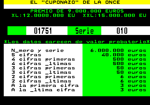 307.1. EL CUPONAZO DE LA ONCE. PREMIO DE 9.000.000 EUROS XL:12.0000.000 EU XXL:15.000.000 EU. 01751. Serie. 010. *Los datos carecen de valor probatorio*. N_mero y serie. 6.000.000 euros. 5 cifras. 40.000 euros. 4 cifras primeras. 500 euros. 4 cifras _ltimas. 500 euros. 3 cifras primeras. 50 euros. 3 cifras _ltimas. 50 euros. 2 cifras primeras. 6 euros. 2 cifras _ltimas. 6 euros. A la primera cifra. 3 euros. A la _ltima cifra. 3 euros.
