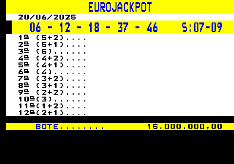307.2. EUROJACKPOT. 20 06 2025. 06 - 12 - 18 - 37 - 46 S:07-09. 1ª (5+2). 2ª (5+1). 3ª (5). 4ª (4+2). 5ª (4+1). 6ª (4). 7ª (3+2). 8ª (3+1). 9ª (2+2). 10ª(3). 11ª(1+2). 12ª(2+1). BOTE. 15.000.000,00.