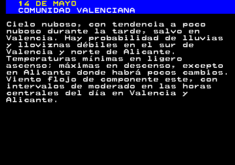 345.1. 13 DE MAYO. COMUNIDAD VALENCIANA. Cielo nuboso, con tendencia a poco nuboso durante la tarde, salvo en Valencia. Hay probabilidad de lluvias y lloviznas débiles en el sur de Valencia y norte de Alicante. Temperaturas mínimas en ligero ascenso; máximas en descenso, excepto en Alicante donde habrá pocos cambios. Viento flojo de componente este, con intervalos de moderado en las horas centrales del día en Valencia y Alicante.