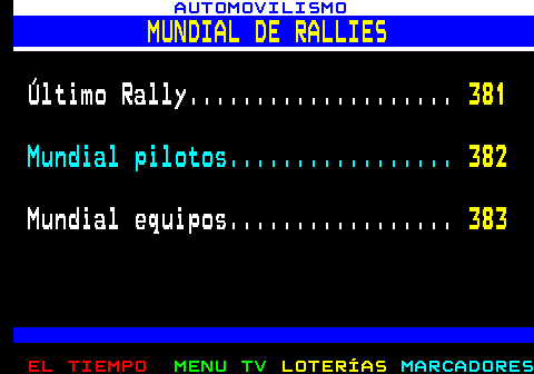 380.1. AUTOMOVILISMO. MUNDIAL DE RALLIES. Último Rally. 381. Mundial pilotos. 382. Mundial equipos. 383.