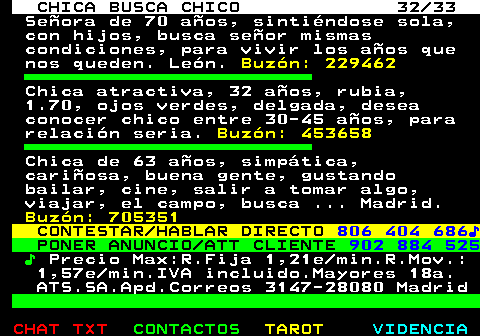 704.32. CHICA BUSCA CHICO 32 33. Seora de 70 aos, sintindose sola, con hijos, busca seor mismas condiciones, para vivir los aos que nos queden. Len. Buzn: 229462. Chica atractiva, 32 aos, rubia, 1.70, ojos verdes, delgada, desea conocer chico entre 30-45 aos, para relacin seria. Buzn: 453658. Chica de 63 aos, simptica, cariosa, buena gente, gustando bailar, cine, salir a tomar algo, viajar, el campo, busca . Madrid. Buzn: 705351. CONTESTAR HABLAR DIRECTO. 806 404 686?. PONER ANUNCIO ATT CLIENTE. 902 884 525. ?. Precio Max:R.Fija 1,21e min.R.Mov.: 1,57e min.IVA incluido.Mayores 18a. ATS.SA.Apd.Correos 3147-28080 Madrid.