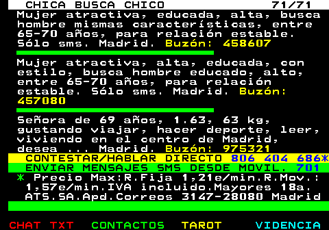 704.71. CHICA BUSCA CHICO 71 71. Mujer atractiva, educada, alta, busca hombre mismas caractersticas, entre 65-70 aos, para relacin estable. Slo sms. Madrid. Buzn: 458607. Mujer atractiva, alta, educada, con estilo, busca hombre educado, alto, entre 65-70 aos, para relacin estable. Slo sms. Madrid. Buzn: 457080. Seora de 69 aos, 1.63, 63 kg, gustando viajar, hacer deporte, leer, viviendo en el centro de Madrid, desea . Madrid. Buzn: 975321. CONTESTAR HABLAR DIRECTO. 806 404 686*. ENVIAR MENSAJES SMS DESDE MOVIL. 701. *. Precio Max:R.Fija 1,21e min.R.Mov.: 1,57e min.IVA incluido.Mayores 18a. ATS.SA.Apd.Correos 3147-28080 Madrid.