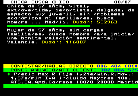 704.80 CHICA BUSCA CHICO 80 87 Chica de 57 aos, vital, extrovertida, deportista, delgada, de aspecto muy juvenil, sin problemas econmicos ni familiares, busca hombre ... Madrid. Buzn: 552963 Mujer de 57 aos, sin cargas familiares, busca hombre para iniciar una bonita relacin sentimental. Valencia. Buzn: 116807 CONTESTAR HABLAR DIRECTO 806 404 686* PONER ANUNCIO ATT CLIENTE 902 884 525 * Precio Max:R.Fija 1,21e min.R.Mov.: 1,57e min.IVA incluido.Mayores 18a. ATS.SA.Apd.Correos 18070-28080 Madrid