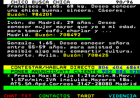 708.90. CHICO BUSCA CHICA 90 96. Francisco, 1,65, 68 kg. Deseo conocer una chica buena, sincera. Cceres. Buzn: 984201. Ivn, de Madrid, 29 aos. Deseo conocer mujer mayor que yo o mi edad, para tomar caf, charlar y . Madrid. Buzn: 708492. Gonzalo, 1,65. Deseo conocer seora entre 55-59 aos, para amistad o posible algo ms, compartir cultura, deporte. Avila. Buzn: 708425. CONTESTAR HABLAR DIRECTO. 806 404 686*. PONER ANUNCIO ATT CLIENTE. 902 884 525. *. Precio Max:R.Fija 1,21e min.R.Mov.: 1,57e min.IVA incluido.Mayores 18a. ATS.SA.Apd.Correos 3147-28080 Madrid.