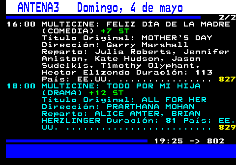 801.2. ANTENA3 Domingo, 4 de mayo. 2 2 15:55 EL TIEMPO (INFORMATIVO). ST. . 330. 16:00 MULTICINE: FELIZ DÍA DE LA MADRE (COMEDIA). +7 ST. Título Original: MOTHER S DAY Dirección: Garry Marshall Reparto: Julia Roberts, Jennifer Aniston, Kate Hudson, Jason Sudeikis, Timothy Olyphant, Hector Elizondo Duración: 113 País: EE.UU. . 841. 18:00 MULTICINE: TODO POR MI HIJA (DRAMA). +12 ST. Título Original: ALL FOR HER Dirección: PRARTHANA MOHAN Reparto: ALICE AMTER, BRIAN HERZLINGER Duración: 81 País: EE. UU. . 843. 19:25 - 802.