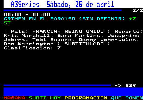 838.2. ANTENA3 Viernes, 24 de abril. 2 2 22:10 - 01:40. TU CARA ME SUENA (TALENT SHOW). TP ST. | País: ESPAÑA | Reparto: Manel Fuentes | SUBTITULADO | TODOS LOS PÚBLICOS - 839.