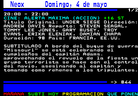 843.1. Nova Domingo, 4 de mayo. 03:00 - 04:30. DOCTORA EN EL ZOO (). +7 ST. SUBTITULADO El amor por los animales lleva a la veterinaria Susanne a incumplir la promesa que un día hizo a su marido al aceptar un puesto de trabajo en el Zoo. La veterinaria Susanne Mertens, hija del Director del Zoológico, decide incumplir la promesa que le ha hecho a su marido de no volver a trabajar hasta que su hijo Jonas se mayor, cuando el veterinario del Zoo le pide que acepte el puesto en el Zoo. País: ALEMANIA Reparto: ELISABETH LANZ, SVEN MARTINEK, GUNTER SCHOß - 844.