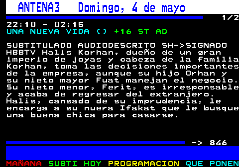 845.1. ANTENA3 Domingo, 4 de mayo. 19:25 - 21:00. MULTICINE: DOS MADRES Y UNA BODA (COMEDIA). TP ST. Título Original: MOTHERS OF THE BRIDE Dirección: Sam Irvin Reparto: Gail O Grady, Betsy Brandt Duración: 84 País: EE.UU. SUBTITULADO Jenna está muy ilusionada con su boda con Chris, su alma gemela. Sus padres adoptivos están volcados en el acontecimento, pero para que todo sea perfecto, Jenna quiere conocer a su madre biológica, que estará encantada en participar en el evento. - 846.