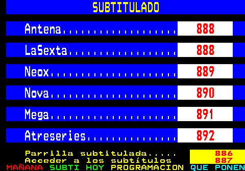 879.1. SUBTITULADO. Antena. 888. LaSexta. 888. Neox. 889. Nova. 890. Mega. 891. Atreseries. 892. Parrilla subtitulada. 886. Acceder a los subtítulos. 887.