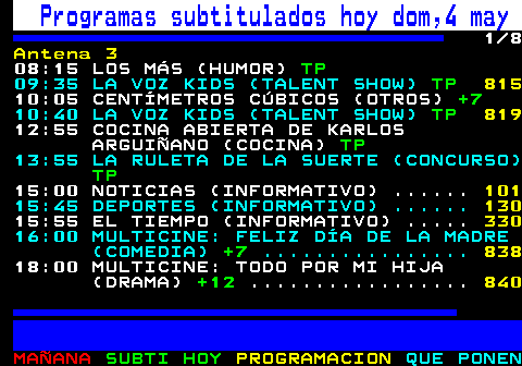 886.1. Programas subtitulados hoy sáb,3 may. 1 4. Antena 3. 16:00 MULTICINE: EL SECRETO DE EMY (estreno) (THRILLER). +12 AD. 818. 17:45 MULTICINE: LOS SECRETOS MÁS OSCUROS DE MI MADRE (THRILLER). +12. . 821. 19:20 MULTICINE: LA VERDAD SOBRE SIENNA (THRILLER). +12. . 823. 21:00 NOTICIAS (INFORMATIVO) . 101. 21:45 DEPORTES (INFORMATIVO) . 130. 21:55 EL TIEMPO (INFORMATIVO) . 330. 22:10 LA VOZ KIDS (TALENT SHOW). TP. 828 dom, 4 may. 01:00 LA VOZ KIDS GRANDES MOMENTOS (TALENT SHOW). TP.