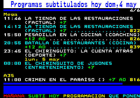 886.4. Programas subtitulados hoy dom,4 may. 4 8. Nova. 23:45 CINE SUPERNOVA: LA SALVACIÓN DE SARAH (THRILLER). +12. lun, 5 may. 01:20 DOCTORA EN EL ZOO (). +7. Mega. 06:00 VIDAS ANÓNIMAS (DOCUMENTAL). +16. . 814. 07:25 LA TIENDA DE LAS RESTAURACIONES (FACTUAL). +7. 09:00 CREA LECTURA (INFORMATIVO). TP. 09:20 LA TIENDA DE LAS RESTAURACIONES (FACTUAL). +7. 10:57 LA TIENDA DE LAS RESTAURACIONES (FACTUAL). +7. . 823.